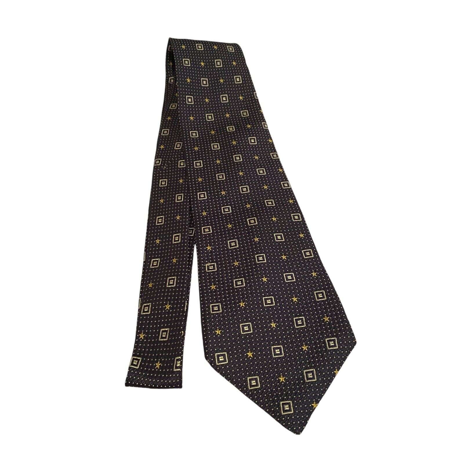 Tommy Hilfiger Navy Blue Gold Embroidered Polka Dot Stars Silk Tie Made in USA