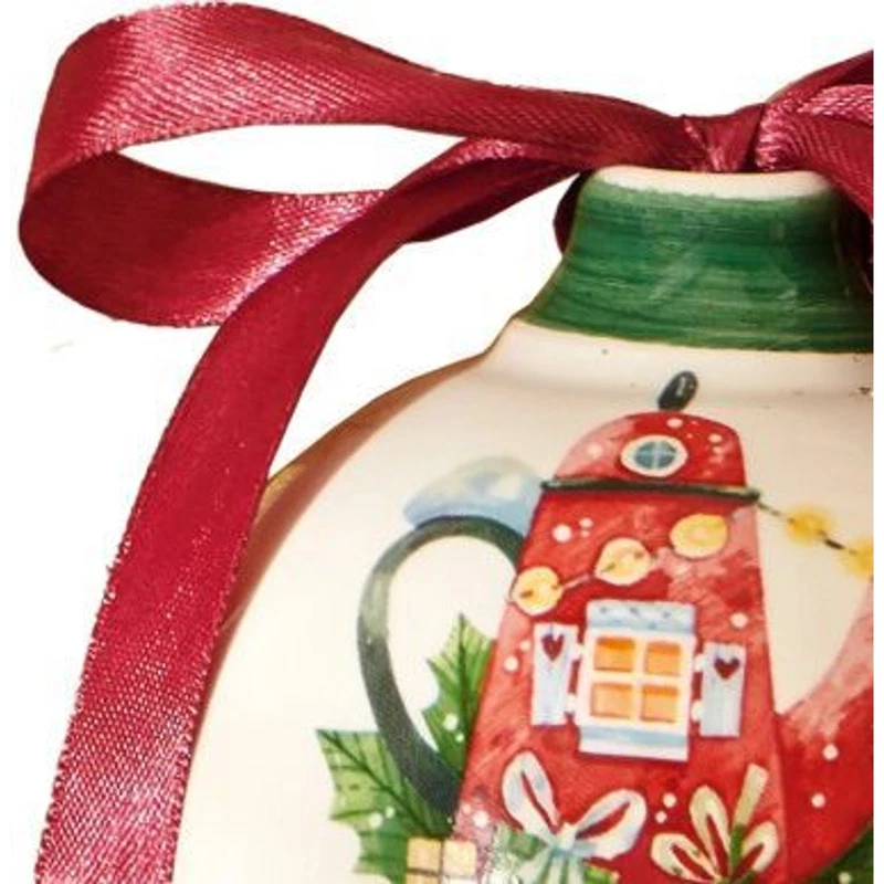 Palla di Natale Ceramica BRANDANI Teiera Decorazione Albero 10 cm Fiocco Raso, fotografia 3 di 9