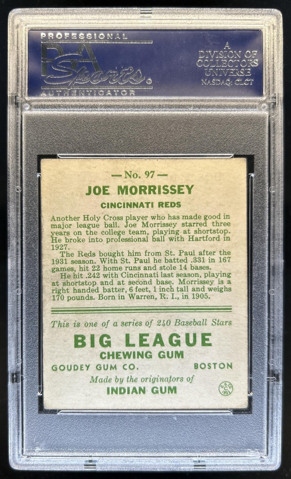 1933 Goudey R319 Joe Morrissey Rookie RC #97 Reds PSA 2 view 2