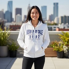 Aeropostale Womens White Full Zip Hoodie Graphic Logo Sweatshirt 1987 Navy Blue