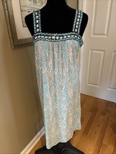 TORY BURCH Print sea coral turquoise blue beaded neckline silk knit midi sz M