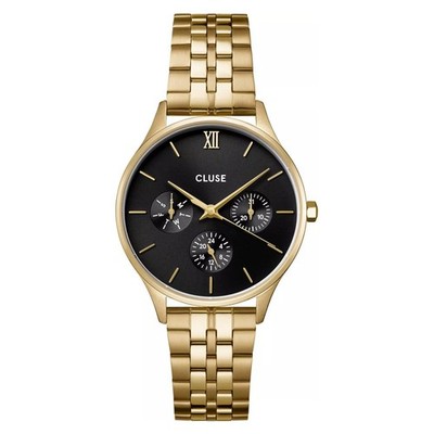 Cluse CW10707 Minuit Multifunktionsuhr Gold Schwarzes Zifferblatt 34 mm   Damenu