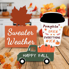 Fall Decorations Pumpkin Truck Maple Leaf Wooden Signs Indoor Tabletop Gift 4Pcs