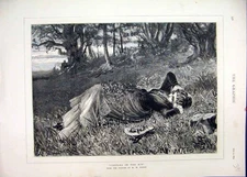 Old Antique Print 1875 Woman Lying Grass Thoughtfull Trees Country Scene 19th