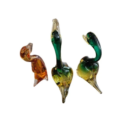 Vintage Three Hand Blown Murano Venetian Green and Gold and Rose Gold Ducks Set