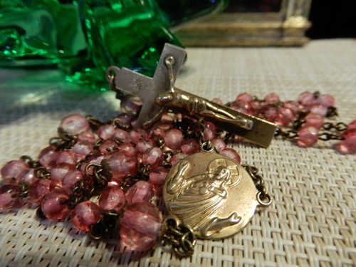 Antique ROSE PINK beaded & Bronze Rosary w/ MARY & Crucifix/cross`~2 Star Stamp - Picture 4 of 12