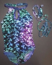 NWT Ballet costume leotard Textured Velvet Navy Plums Green Sequin halter neck