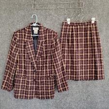 Vintage Worthington 2 Pc Wool Blend Skirt Suit Tan Blue Red Plaid Split Sizes