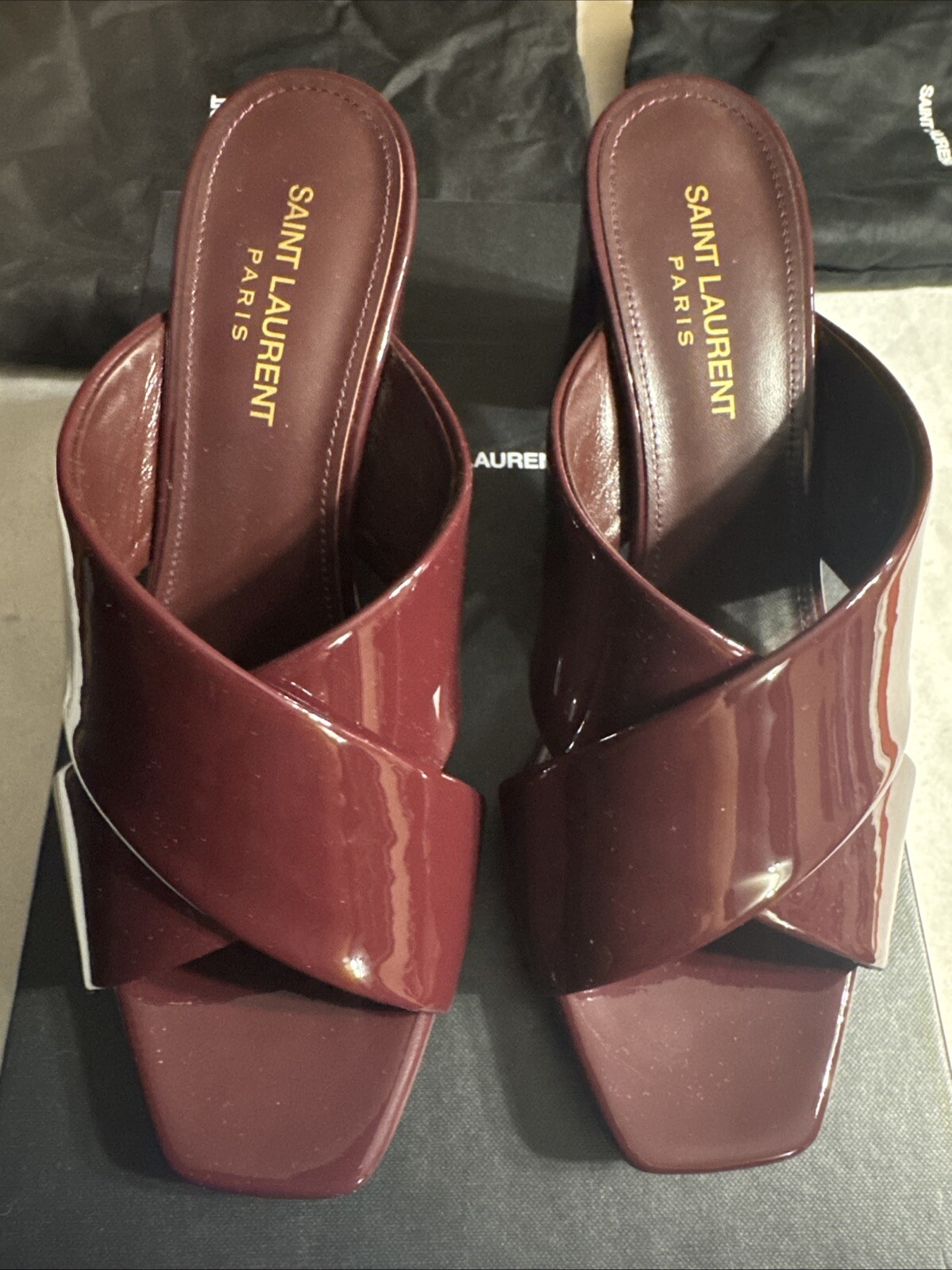 Saint Laurent Patent Pelle Lou 70 Mule Sandalo VERNICE CHIFFON TG 38 Scarpe