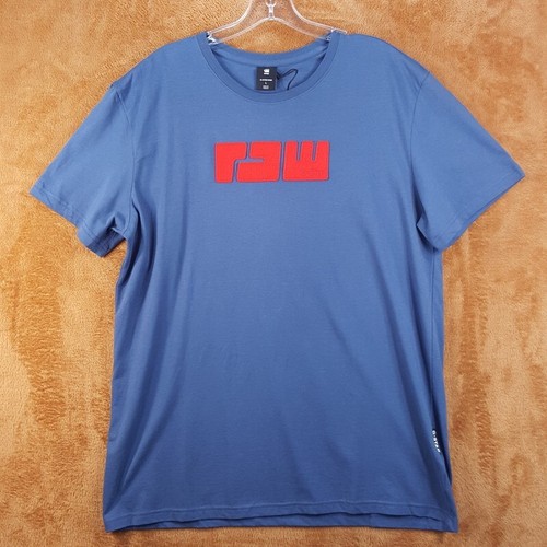 G STAR RAW Shirt Mens Large Blue Pullover Crew Felt Logo Spell Out Tee