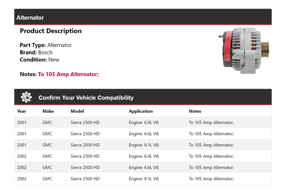 Alternador Bosch HD para 2001-2002 GMC Sierra 2500 (novo) - Imagem 2 de 4