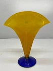 Vtg 2000 Richard Blenko Signed Handcraft Art Glass Yellow Cobalt Blue Fan Vase