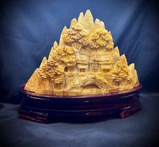 Intricate Jade Village Carving With Custom Wood Base 5.2 Kg