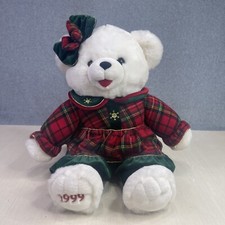 90s Snowflake Teddy Christmas Themed Stuffed Bear Wearing A Stewart Plaid Dress