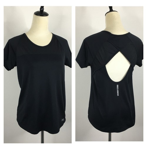 UNDER ARMOUR Womens sz Small Black Heat Gear Cut Out Back Mixed Fabric Shirt