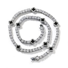 Four-leaf Clover Iced CZ Out Tennis Chain Bracelet Men Women White Gold Plated