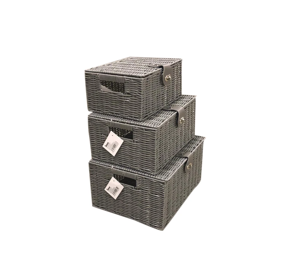 Storage Basket Hamper Resin Woven Grey Set of 3 Box With Lid & Lock  - Image 2 of 4