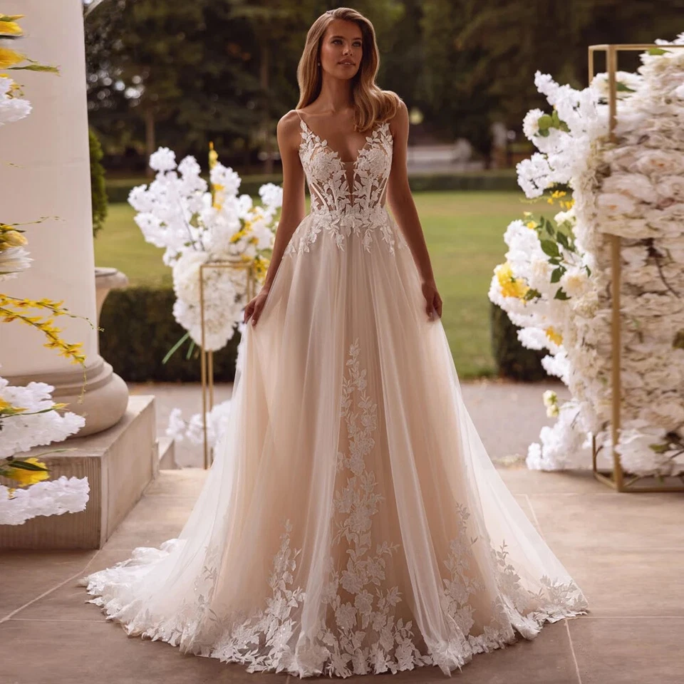 Vestidos de novia con flores línea A cuello en V espalda sin espalda apliques de encaje vestidos de novia de playa Foto 2 de 4