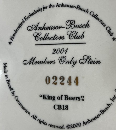 Anheuser-Busch Budweiser 2001 King Of Beers solo para miembros Stein CB18 edición limitada - Imagen 11 de 11