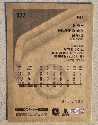 2023-24 Upper Deck OPC RETRO BORDE NEGRO Josh Morrissey #/100 Jets - Imagen 2 de 2
