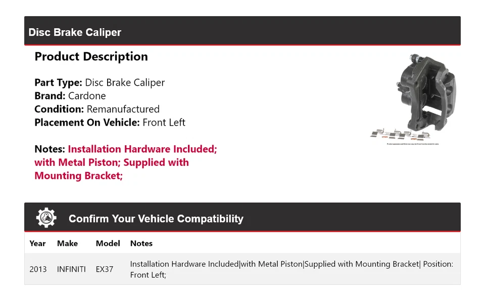 Pinza de freno de disco delantera izquierda Cardone Infiniti Ex37 2013 Foto 2 de 4