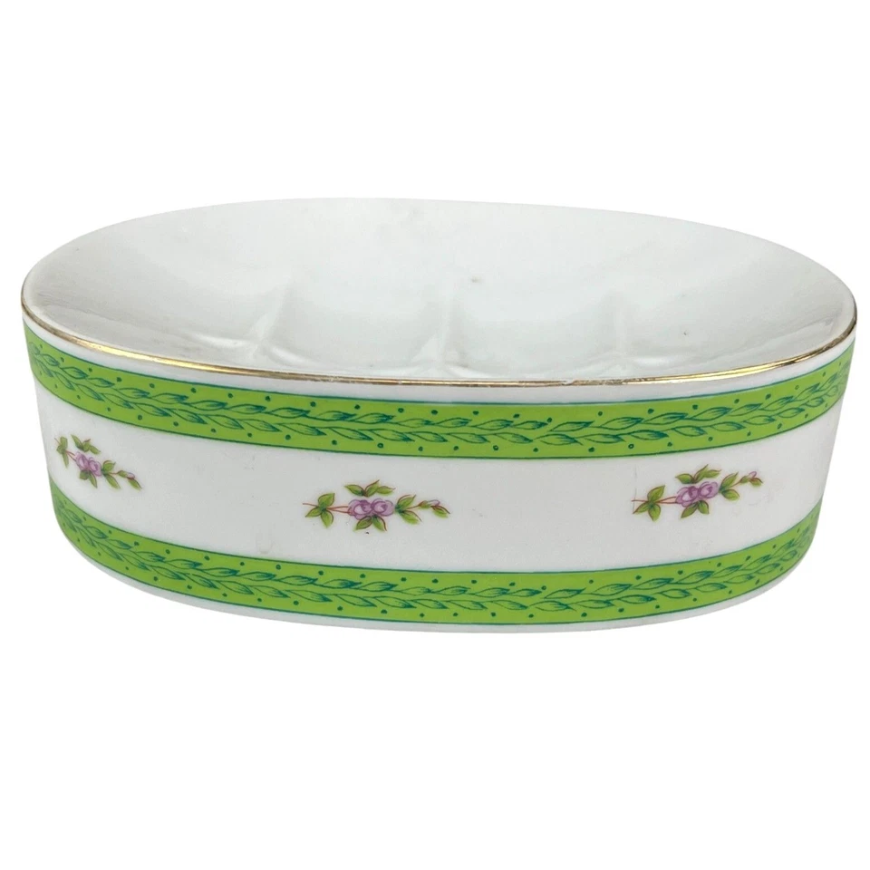 Soporte de jabón pintado a mano Lefton China 5" X 4" X 1 3/4" floral verde y dorado Foto 2 de 4