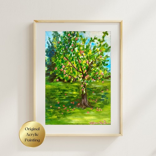 Apfelbaum Acryl Gemälde Original Kunst Obstbaum Wandbild Küche Deko 5x7 - Bild 4 von 6