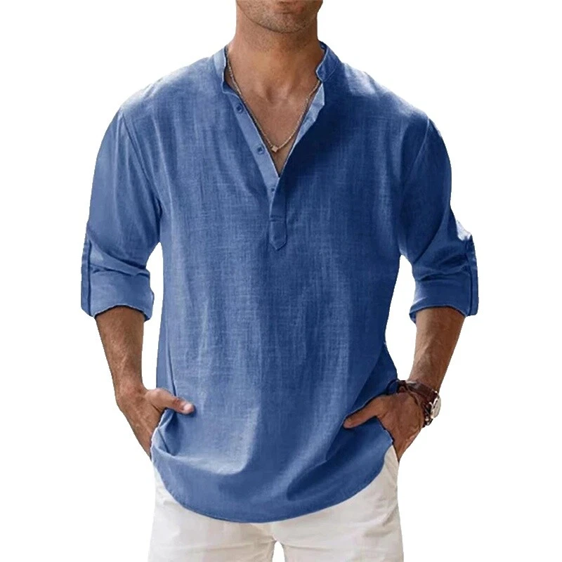Linen Henley Casual Button-Down Shirts for Men