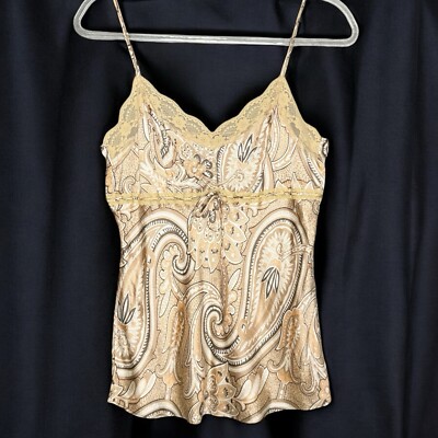 VTG Paisley Cami Babydoll Tank Top Boho Fairy Y2K Size Medium 100% Silk Lace Tie