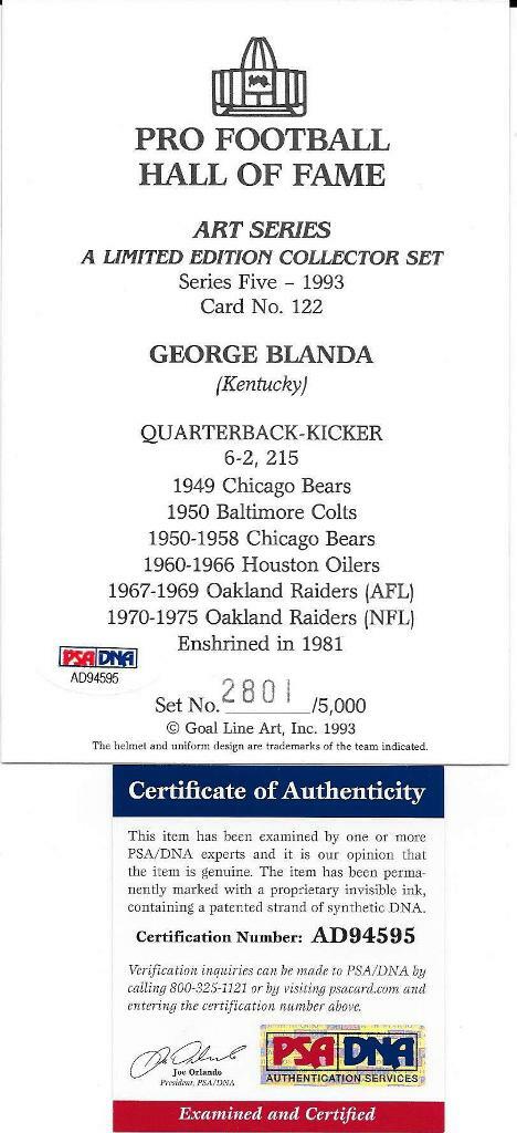 GEORGE BLANDA SIGNED GOAL LINE ART CARD~FOOTBALL HALL OF FAME~HOF AUTO~PSA/DNA - Picture 2 of 2
