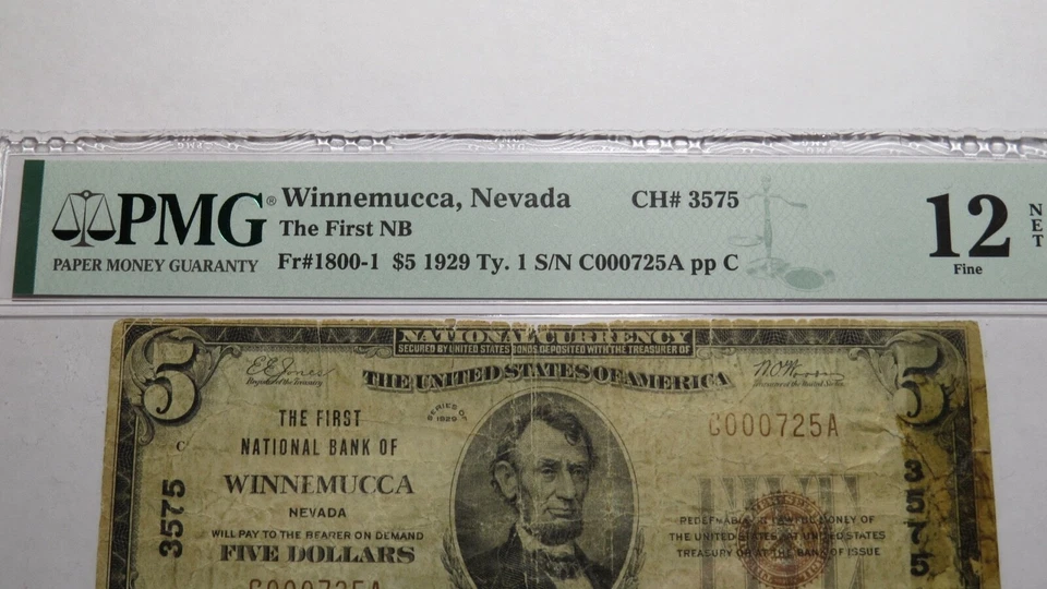 $5 1929 Winnemucca Nevada NV National Currency Bank Note Bill Ch. #3575 F12 PMG - Image 3 of 4