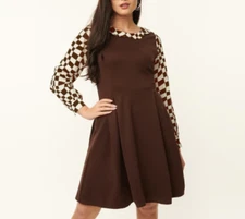 NWT  Unique Vintage Smak Parlour Brown Checkerboard Sleeve Flare Dress Size M6/8