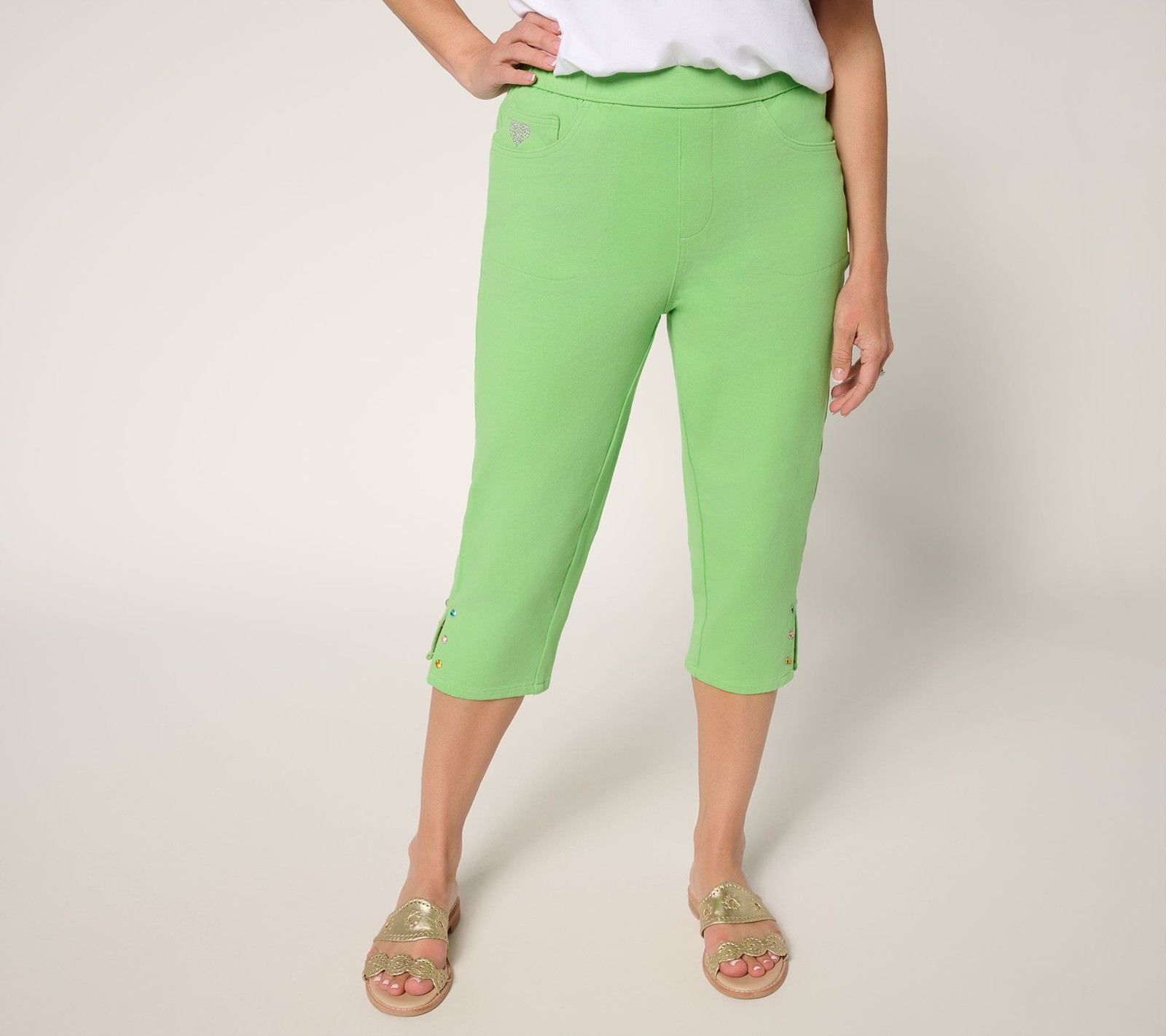 Quacker Factory Women's Pants Sz M DreamJeannes Capri with Colored Green A506004