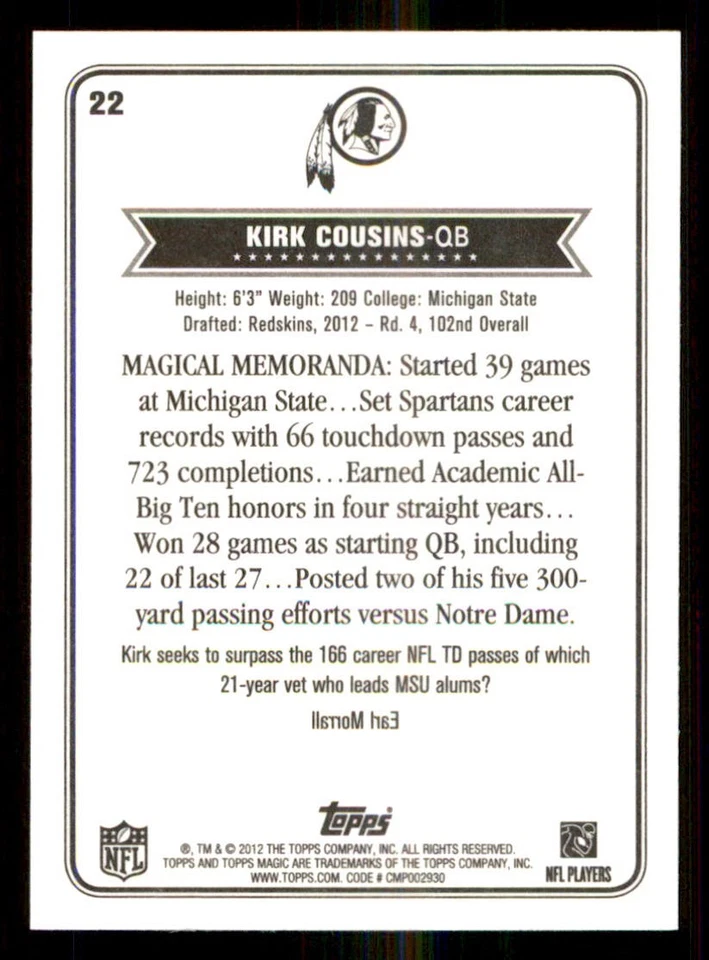 2012 Topps Magic #22 Kirk Cousins RC - Image 2 of 2
