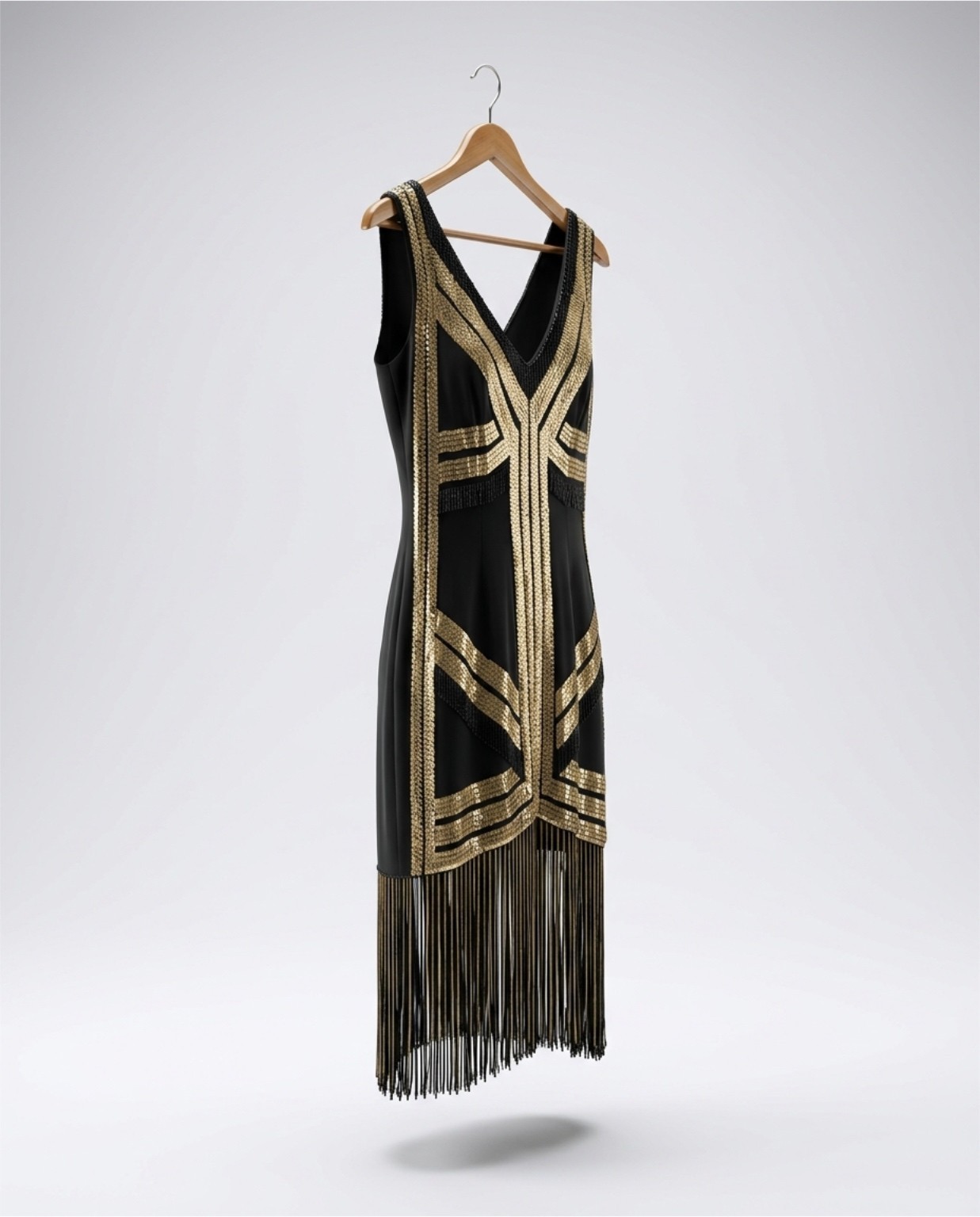 Gold and Black Beaded 20s Flapper Dress, Vintage with liner, beaded fringe , zip