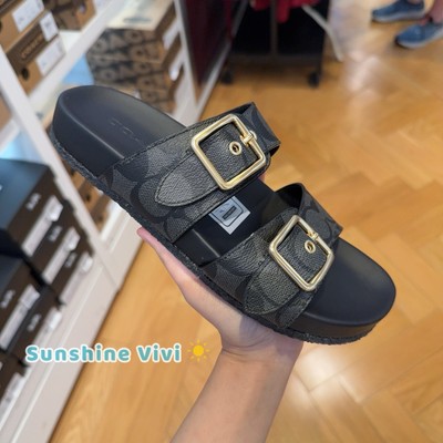 COACH ブラック サンダル ゴールドバックル NEW COACH Allanah Slide Sandal In Signature Canvas Women's Black