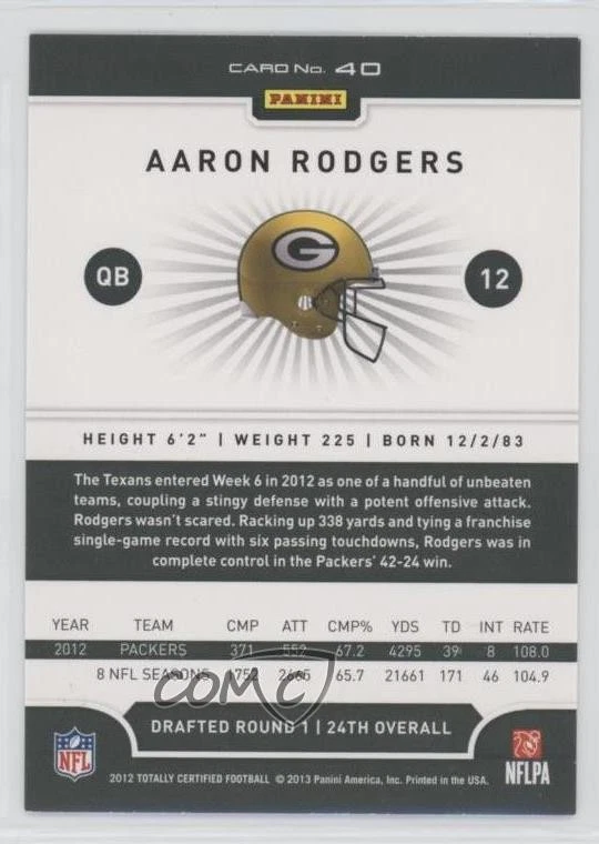 2012 Totally Certified Platinum Red Aaron Rodgers #40 - Image 2 of 2