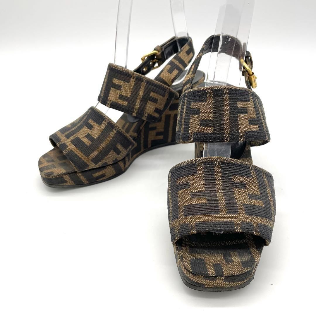 Fendi Zucca Wedge Heel Sandals Brown Canvas Leather EU35 US5