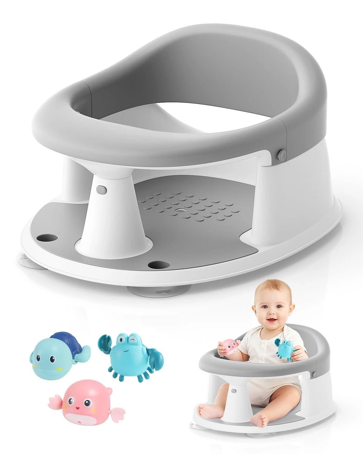 Baby Bath Seat 6M+ Non-Slip Toddler Bath Chair w/ Suction Cups & Toys Gray
Opens in a new window or