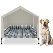 Elevated Dog Bed House with Canopy  Bolster, 2-in-1 Outdoor Raised Dog Cot
