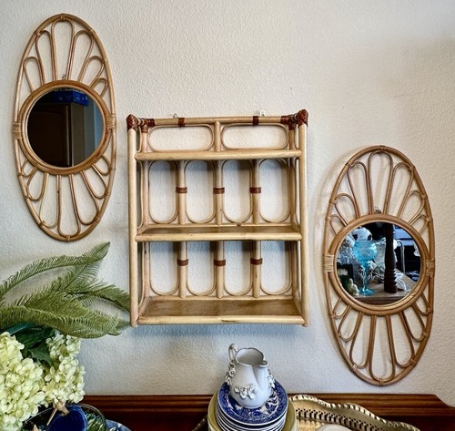 Vintage Rattan Handwoven Oval Accent Wall Mirrors & 3 Tiered Shelf Set - Picture 1 of 23