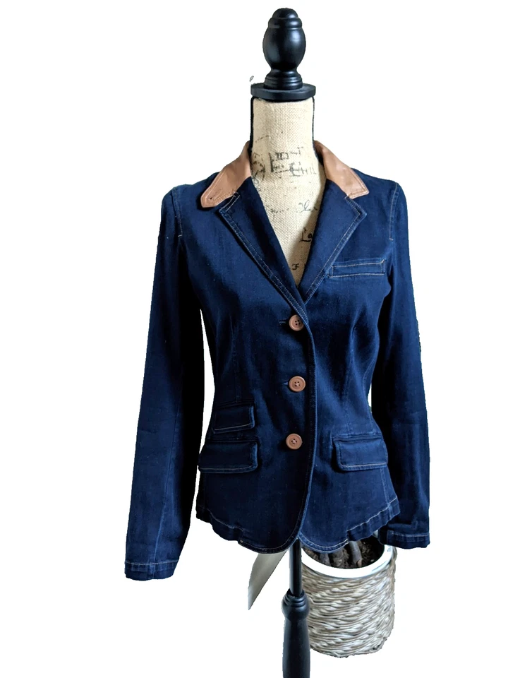 LAUREN JEANS Co. by RALPH LAUREN: WOMEN DENIM BLAZER w/ LEATHER TRIM - SIZE 8 - Image 3 of 4