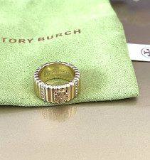 Tory Burch Crystal Textured Rope Band Logo Ring Size 6 NEW w TAGS + DUST BAG