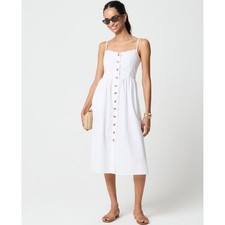 J.Crew White Scalloped Trim Button Front Midi Dress Size 0 Smocked Back Pockets