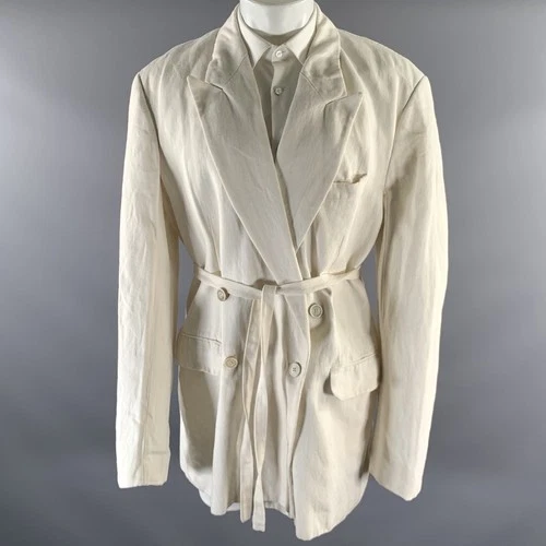 DRIES VAN NOTEN Size M Ivory Twill Linen Cotton Belted Double Breasted Blazer video thumbnail