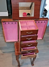 VINTAGE QUEEN ANNE JEWELRY ARMOIRE CABINET + MIRROR + LINED COMPARTMENTS NICE!!!