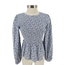 Universal Thread Smocked Shirt White Floral Long Sleeve Peplum Button Top Small