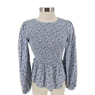 Universal Thread Smocked Shirt White Floral Long Sleeve Peplum Button Top Small