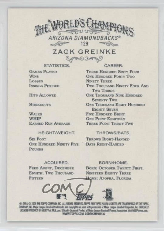 2016 Topps Allen & Ginter X Zack Greinke #129 - Image 2 of 2