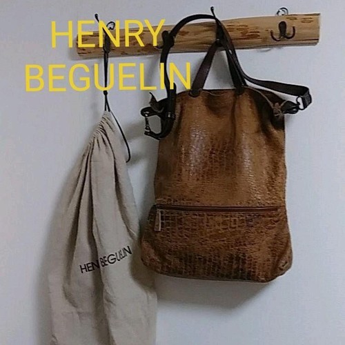 Henry Beguelin 2Way Tote Bag Shoulder Bag Omino Embroidery Brown Leather